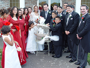 groom and bride releasing doves with bride's maids and groomsmen